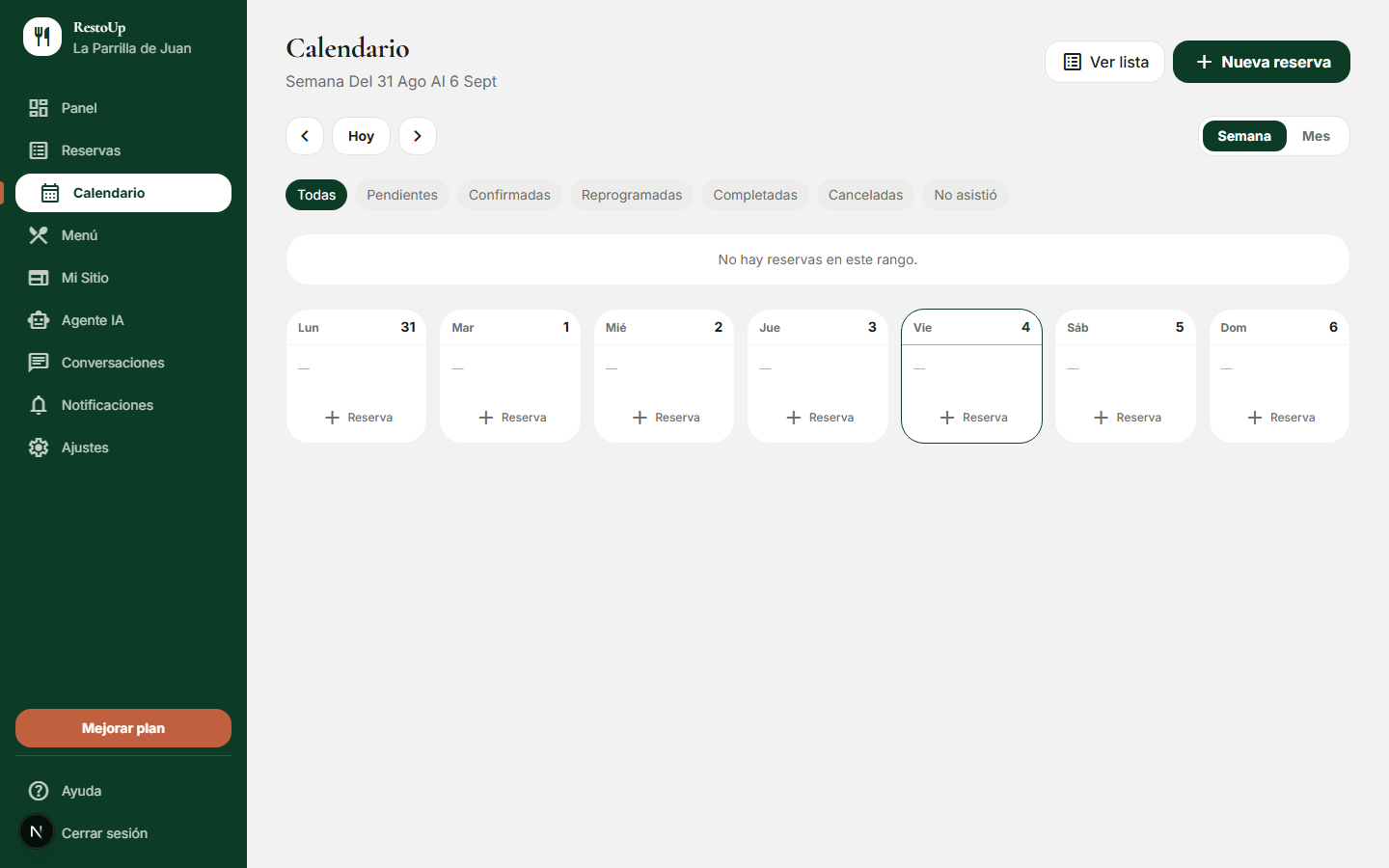 Vista semanal del calendario de reservas en el panel de RestoUp