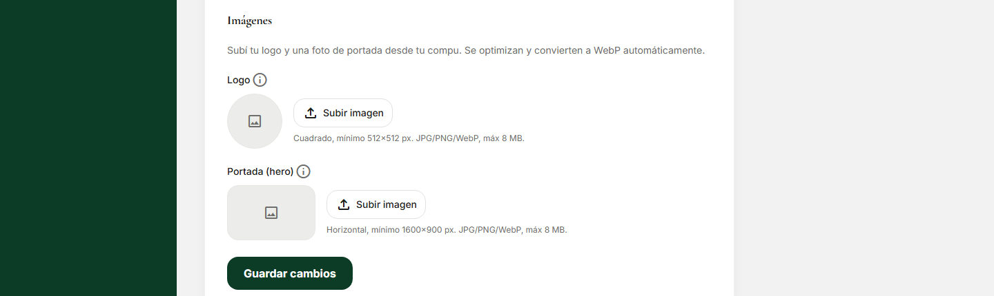 Sección Imágenes de Mi Sitio en RestoUp con los casilleros para subir logo y foto de portada