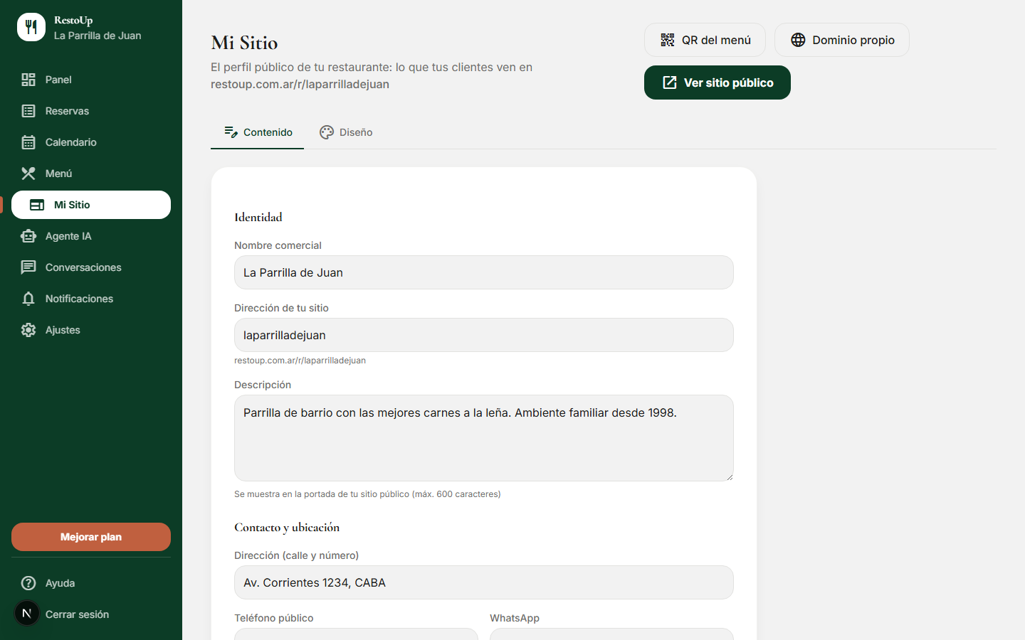 Sección Identidad de Mi Sitio en RestoUp, con los campos de nombre comercial y descripción