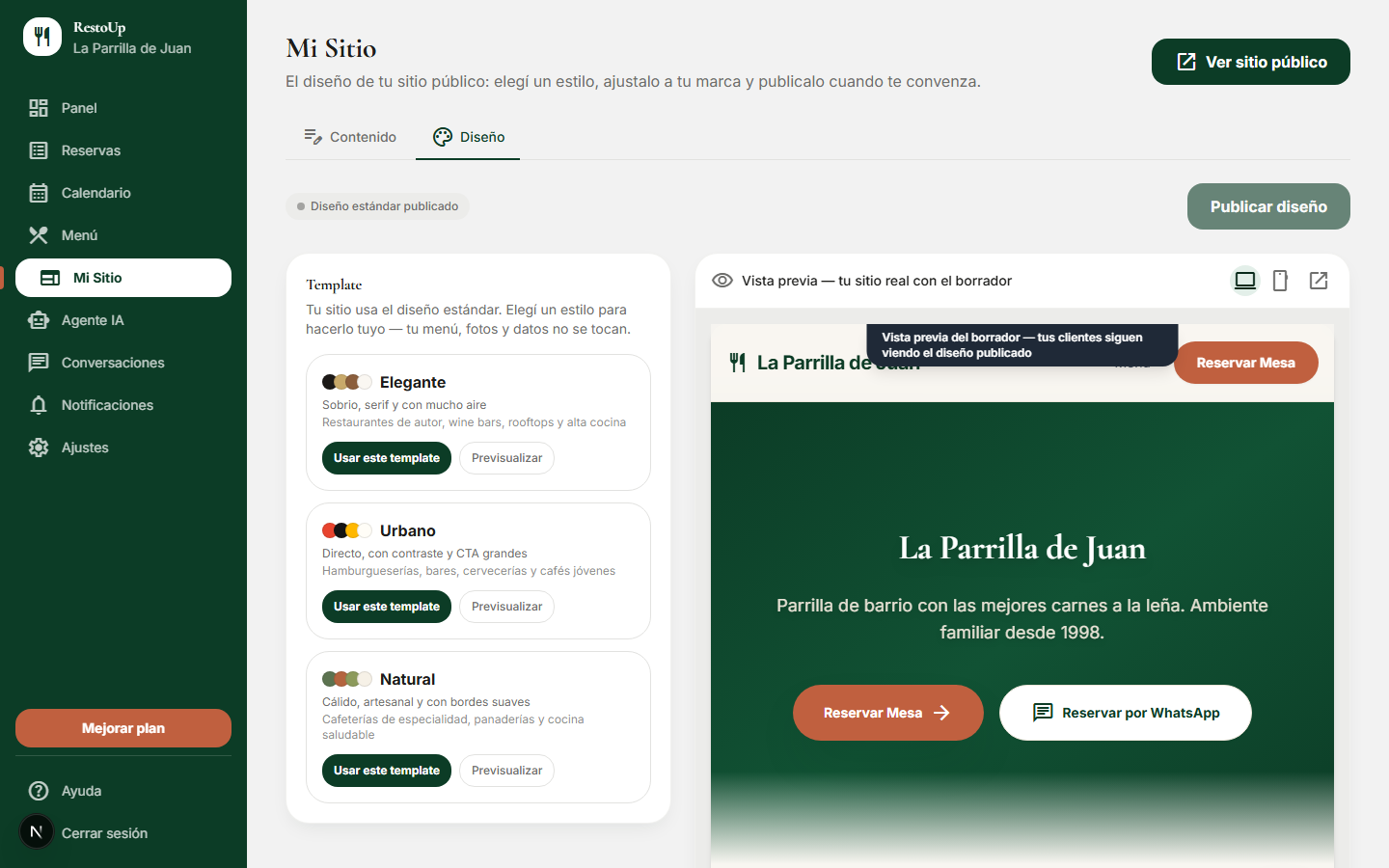 Selector de plantillas de diseño en RestoUp con vista previa en vivo del sitio