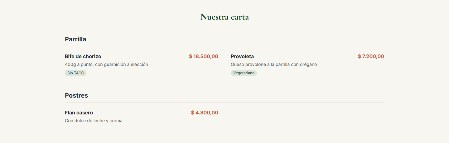 Menú digital de un restaurante visto en su sitio público de RestoUp