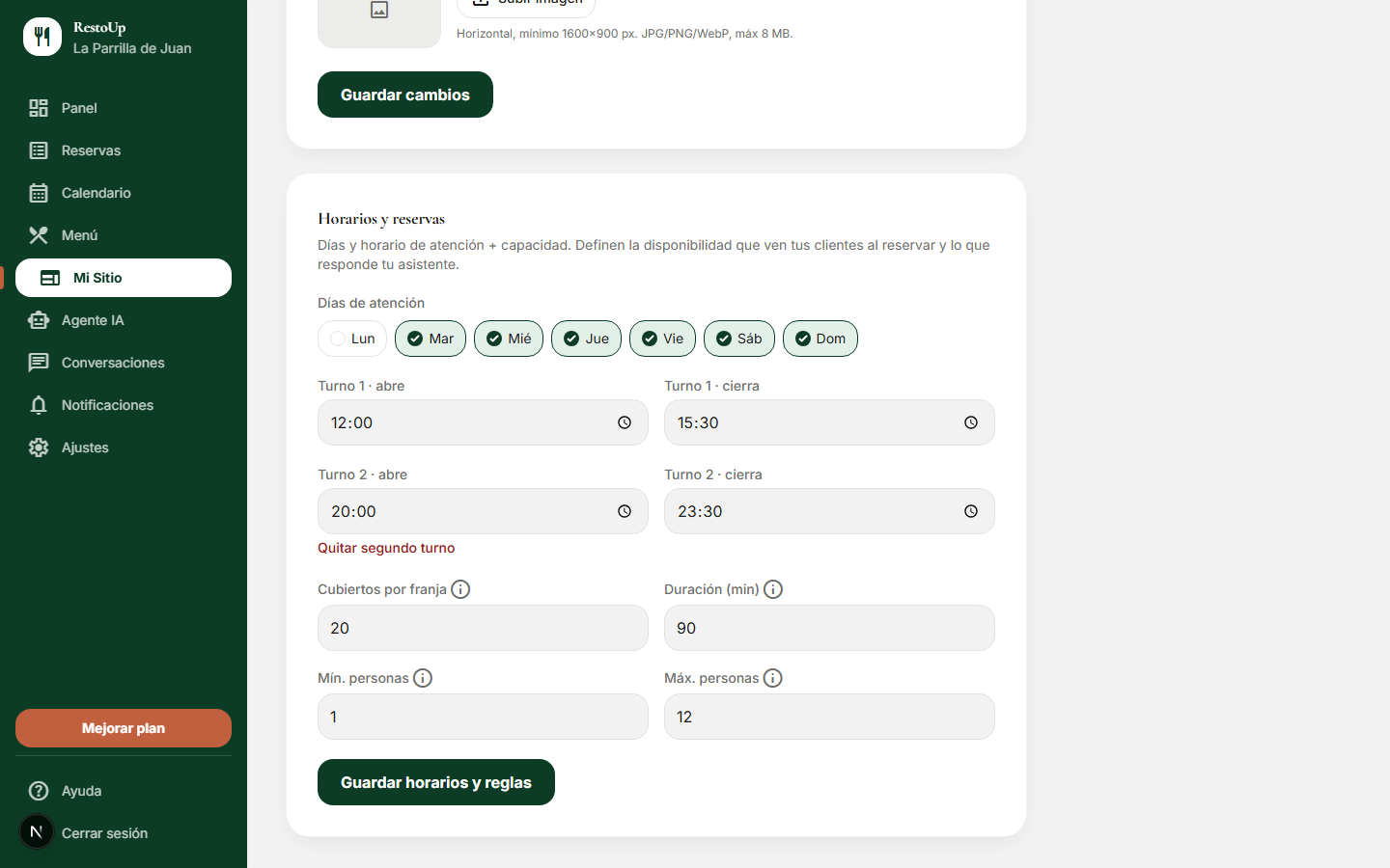 Sección de horarios y reglas de reserva en RestoUp dentro de Mi Sitio