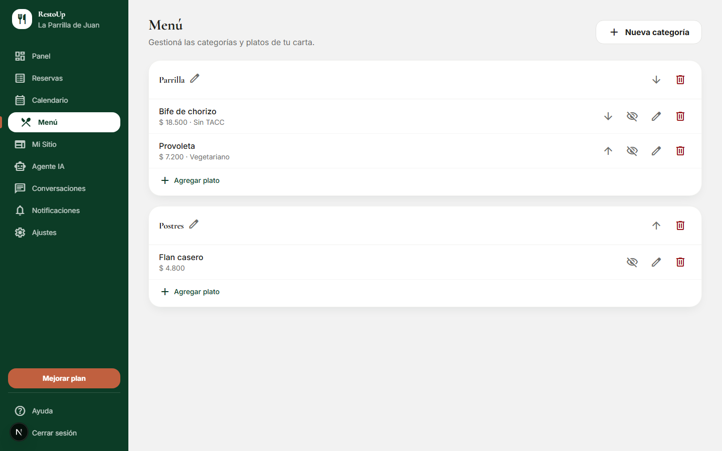 Panel de Menú de RestoUp con categorías y platos cargados, precios y opciones de edición