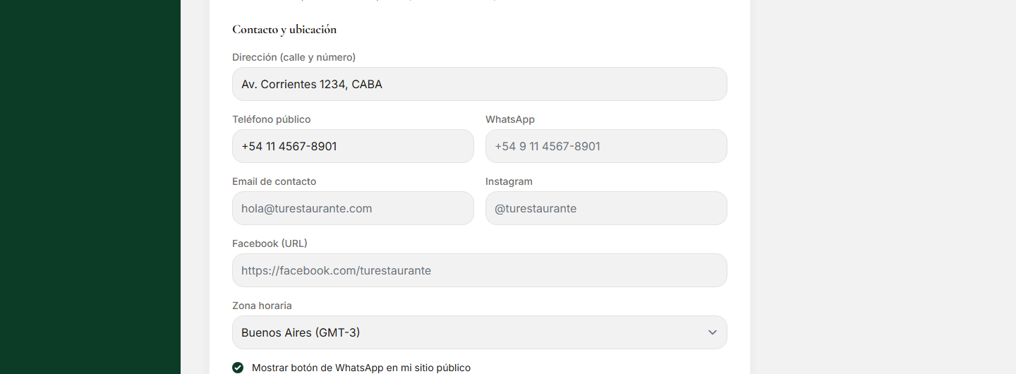 Campos de contacto, WhatsApp, Instagram y Facebook en la sección Mi Sitio de RestoUp