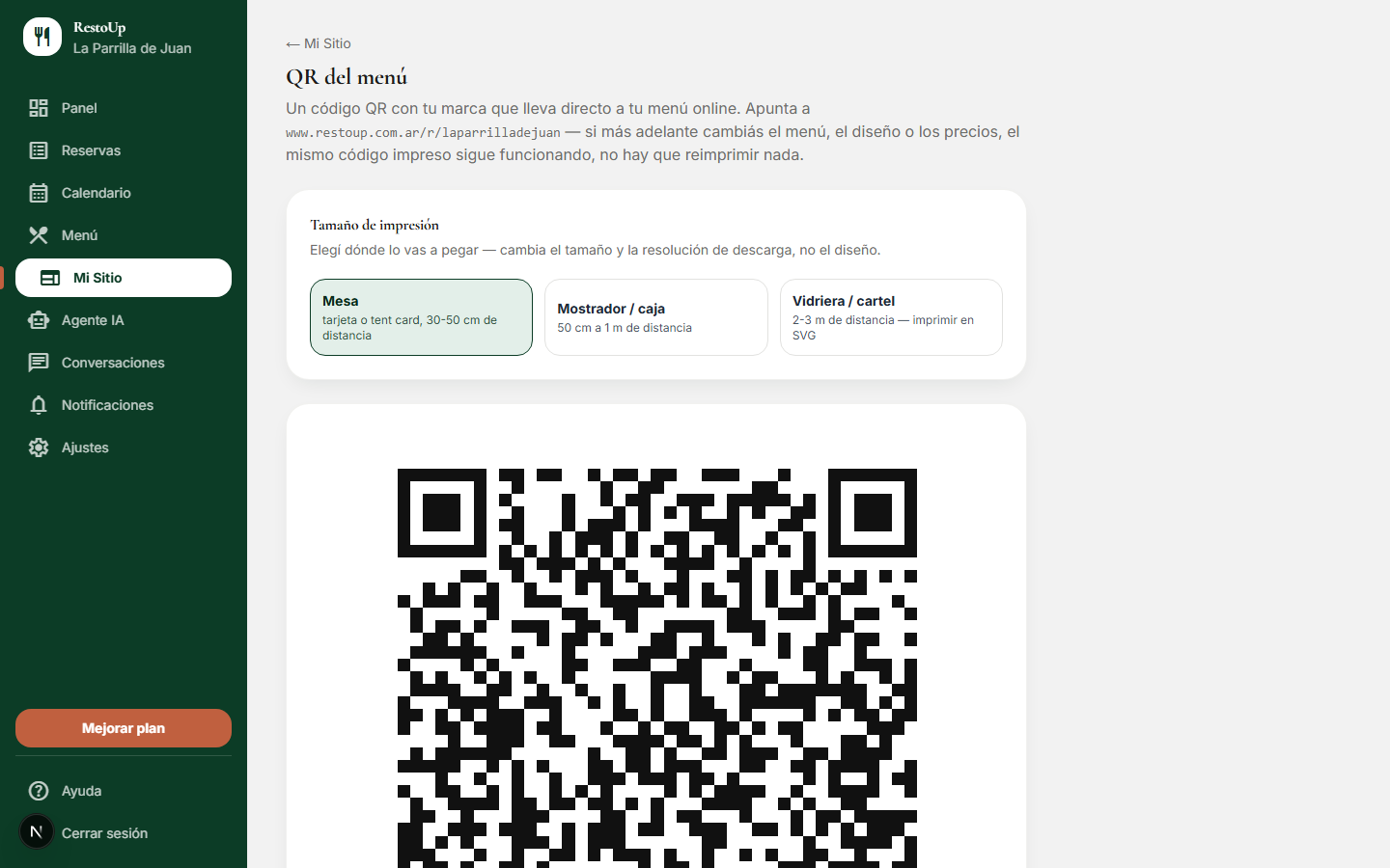 Generador de código QR del menú en RestoUp con opciones de tamaño de impresión